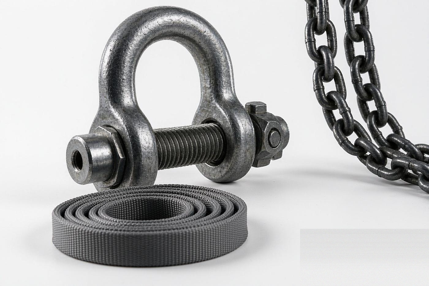 Forged shackle, chain sling and round sling — offshore rigging hardware